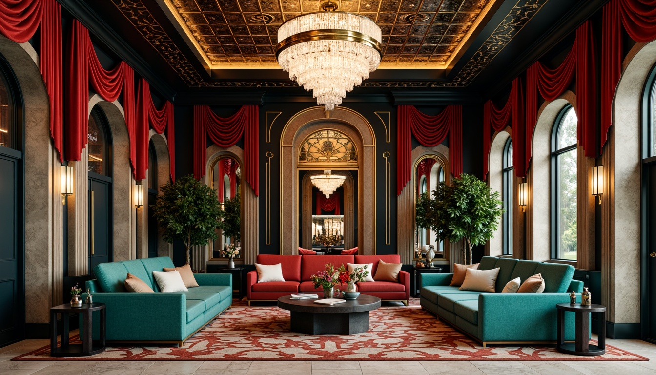 Prompt: Luxurious Art Deco interior, opulent furnishings, rich jewel-toned walls, ornate metalwork, geometric patterns, velvet drapes, metallic accents, crystal chandeliers, marble floors, bold black outlines, vibrant turquoise, deep crimson red, champagne gold, soft cream whites, dramatic lighting, high contrast shadows, 1/2 composition, cinematic camera angles, realistic reflections, detailed textures.