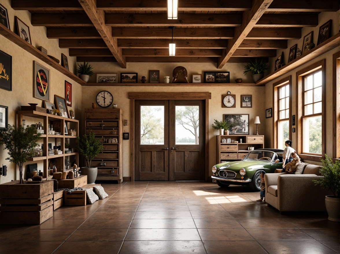 Prompt: Rustic family garage, earthy tones, warm beige walls, weathered wood accents, industrial metal doors, vintage car displays, nostalgic memorabilia, soft natural lighting, cozy atmosphere, warm color scheme, rich brown floors, distressed wooden crates, retro-style signs, classic car posters, warm white highlights, shallow depth of field, 1/1 composition, realistic textures.