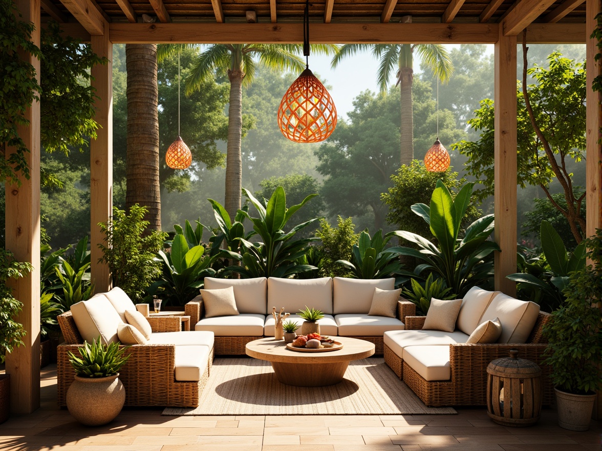 Prompt: Vibrant tropical atmosphere, lush greenery, exotic plants, warm sunny day, soft natural lighting, subtle color grading, pastel hues, warm beige tones, creamy whites, rustic wood accents, woven rattan furniture, colorful tiki torches, pendant lamps, lantern-style lighting, ambient occlusion, shallow depth of field, 1/1 composition, cinematic camera angles, realistic textures, warm glow, cozy ambiance.