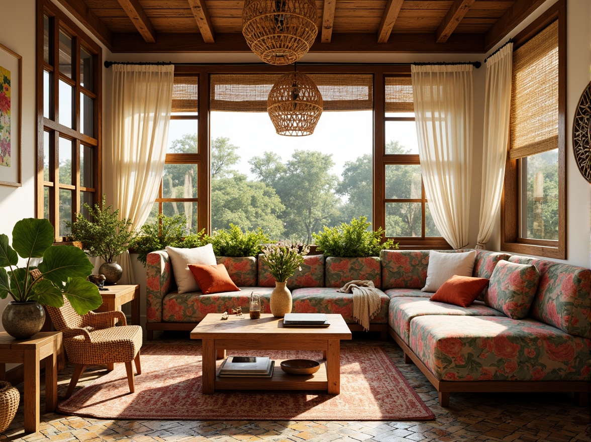 Prompt: Vibrant sunroom, eclectic decor, mixed patterned fabrics, natural linen drapes, billowy curtains, macrame details, woven rattan shades, reclaimed wood accents, vintage window frames, distressed finishes, warm golden lighting, soft sheer textiles, organic shapes, botanical prints, global-inspired accessories, colorful Moroccan tiles, lush greenery, exotic plants, sunny day, shallow depth of field, 1/1 composition, realistic textures, ambient occlusion.