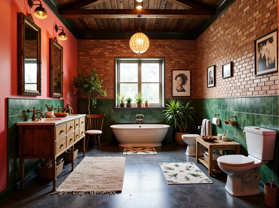 Prompt: Vibrant eclectic bathroom, bold color palette, ornate mirrors, distressed wood vanities, antique brass fixtures, industrial-chic lighting, exposed brick walls, polished concrete floors, freestanding tubs, rainfall showerheads, geometric tile patterns, botanical prints, plush area rugs, natural stone countertops, reclaimed wood accents, metallic wallpaper, eclectic decorative accessories, warm ambient lighting, shallow depth of field, 1/1 composition, realistic textures.