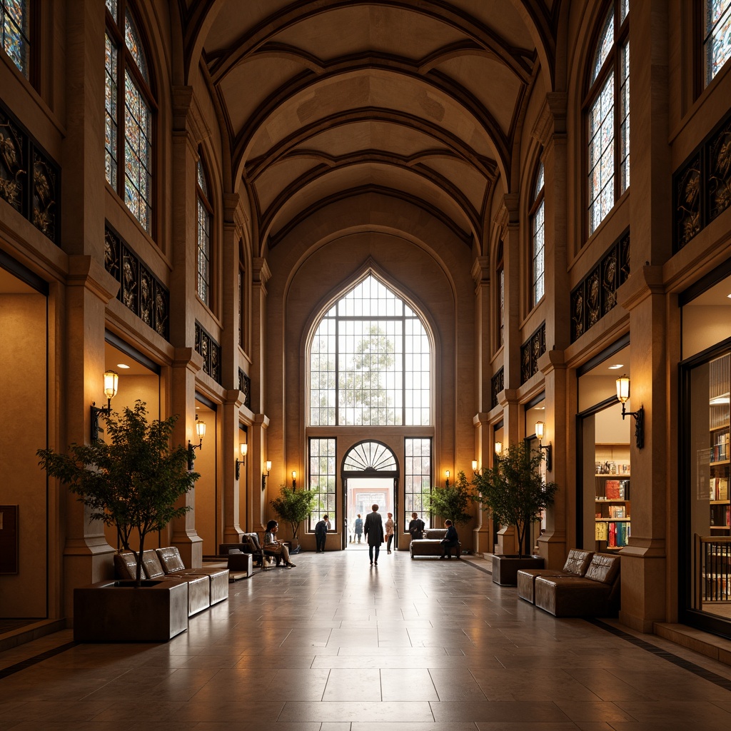 Prompt: \Grand museum entrance, pointed arches, ribbed vaults, stained glass windows, intricate stone carvings, ornate metalwork, dramatic lighting, warm beige stone walls, polished marble floors, majestic pillars, high ceilings, atmospheric fog effect, soft warm illumination, 1/1 composition, symmetrical framing, rich textures, ambient occlusion.\Please let me know if this meets your expectations!