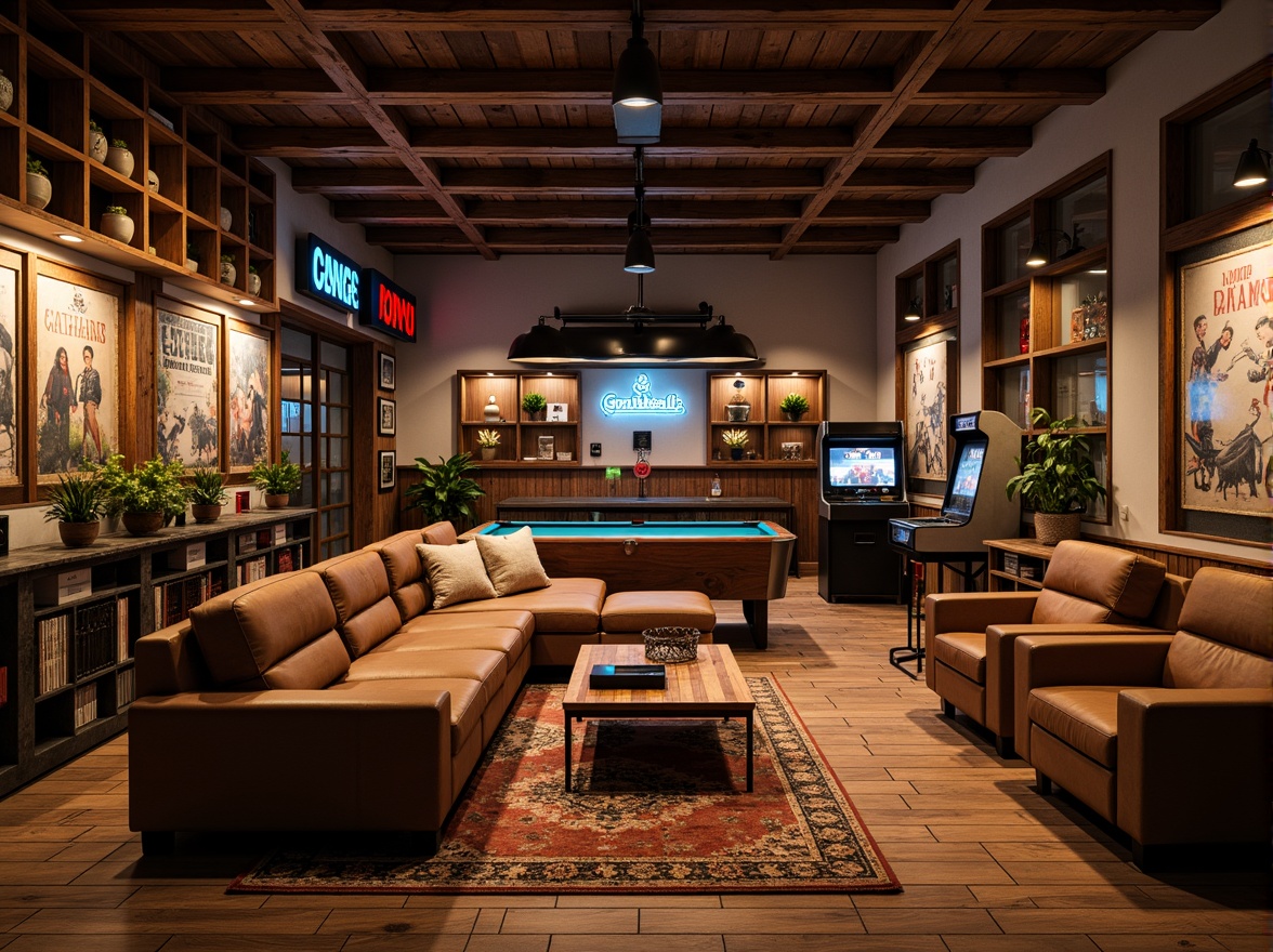 Prompt: Rustic game room, wooden accents, earthy tones, plush sectional sofas, vintage arcade machines, neon signs, retro posters, wooden crates, industrial metal tables, reclaimed wood shelves, cozy reading nooks, oversized leather armchairs, rich brown rugs, warm ambient lighting, shallow depth of field, 1/1 composition, soft focus, realistic textures, ambient occlusion.