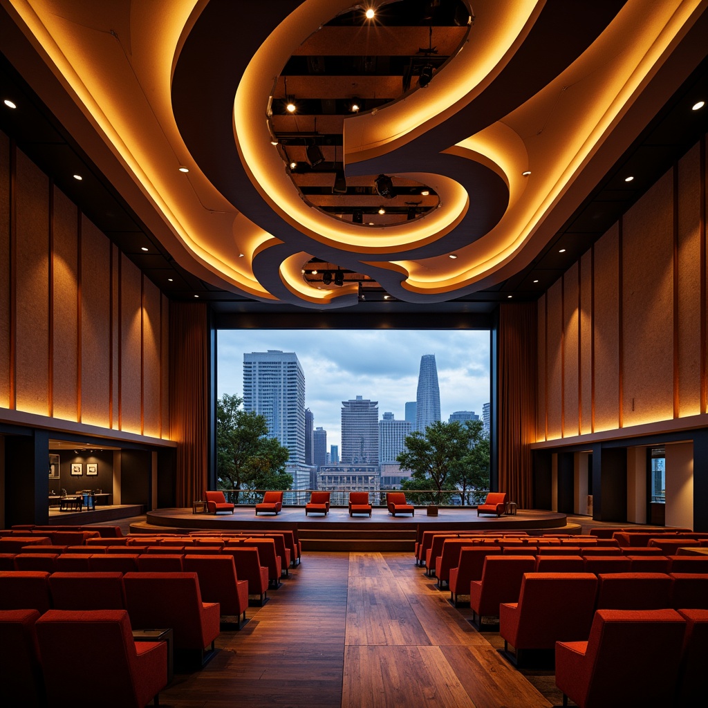 Prompt: Streamlined modern auditorium, sleek curved lines, minimalist d\u00e9cor, vibrant stage lighting, LED strip lights, warm color temperature, high-contrast ratios, dramatic spotlights, soft ambient glow, futuristic chandeliers, polished metal accents, luxurious velvet curtains, plush seating, rich wood tones, geometric patterns, abstract art installations, urban cityscape views, cloudy day, softbox lighting, 2/3 composition, cinematic camera angles, realistic reflections.