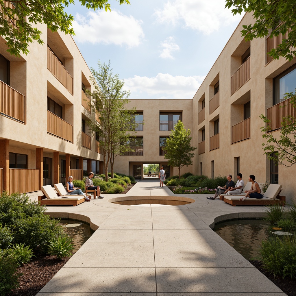 Prompt: Rehabilitation center facade, warm beige stucco walls, large windows, natural light pouring in, calming ambiance, wheelchair-accessible ramps, gentle slopes, soothing color palette, wooden accents, comfortable seating areas, peaceful courtyards, lush greenery, water features, gentle sounds, modern therapy equipment, state-of-the-art technology, minimalist decor, warm lighting, 1/2 composition, subtle textures, ambient occlusion.