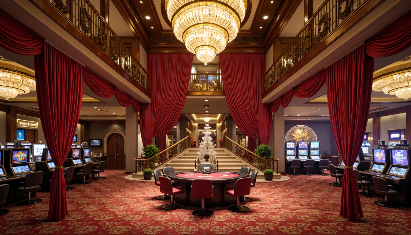 Prompt: Luxurious casino interior, rich velvet drapes, ornate golden chandeliers, intricate moldings, lavish furnishings, grand staircase, elegant balustrades, luxurious carpets, vibrant red accents, warm ambient lighting, subtle smoke effects, ornamental fountains, majestic crystal droplets, opulent marble floors, classic columns, refined wood paneling, sophisticated ceiling details, dramatic archways, glamorous VIP areas, exclusive private rooms, high-stakes gaming tables, flashy slot machines, vibrant neon signs, realistic textures, shallow depth of field, 3/4 composition, panoramic view.