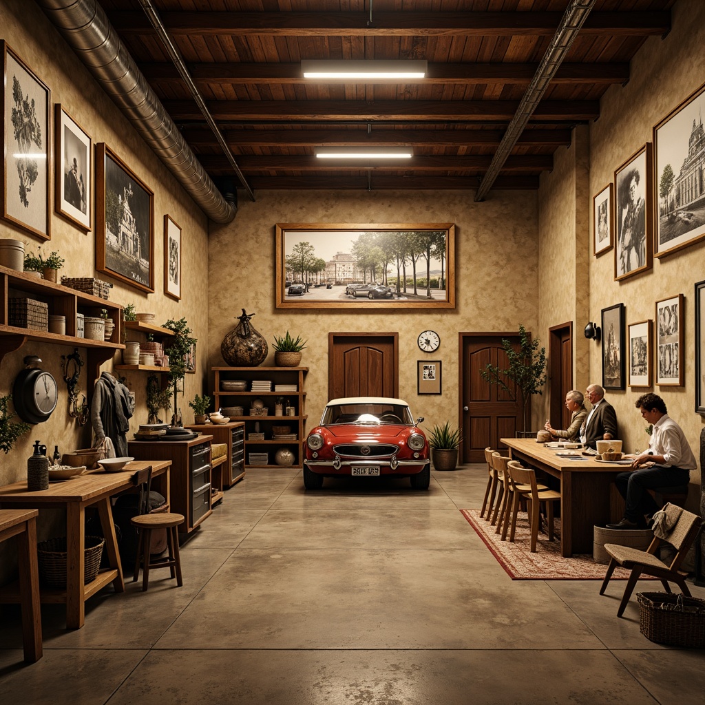 Prompt: Rustic garage interior, distressed wood accents, earthy tones, warm beige walls, rich brown floors, metal tools, industrial lighting, exposed ductwork, concrete foundation, natural stone workbench, vintage car display, nostalgic decor, soft warm lighting, shallow depth of field, 1/2 composition, realistic textures, ambient occlusion.