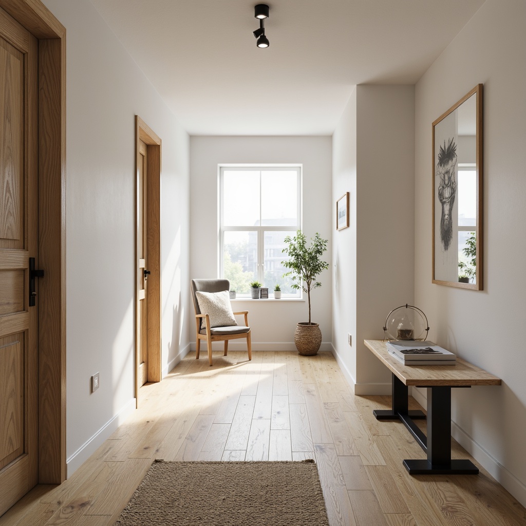 Prompt: Light-filled Scandinavian hallway, blonde wood flooring, rustic oak planks, matte finish, subtle texture, neutral color palette, minimalist aesthetic, Nordic-inspired design, natural materials, woven sisal rug, industrial-chic metal accents, sleek track lighting, soft warm glow, 1/1 composition, realistic reflections, ambient occlusion.