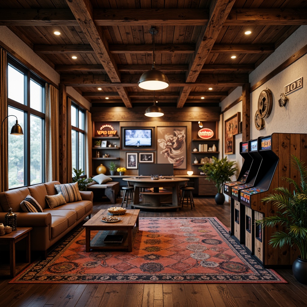 Prompt: Rustic game room, vintage arcade machines, reclaimed wood accents, distressed leather sofas, plush area rugs, rich velvet drapes, warm bronze lighting fixtures, earthy color palette, natural stone walls, cozy throw blankets, eclectic decorative patterns, worn denim fabrics, rugged burlap textures, nostalgic neon signs, atmospheric smoke effects, shallow depth of field, 1/2 composition, realistic renderings.