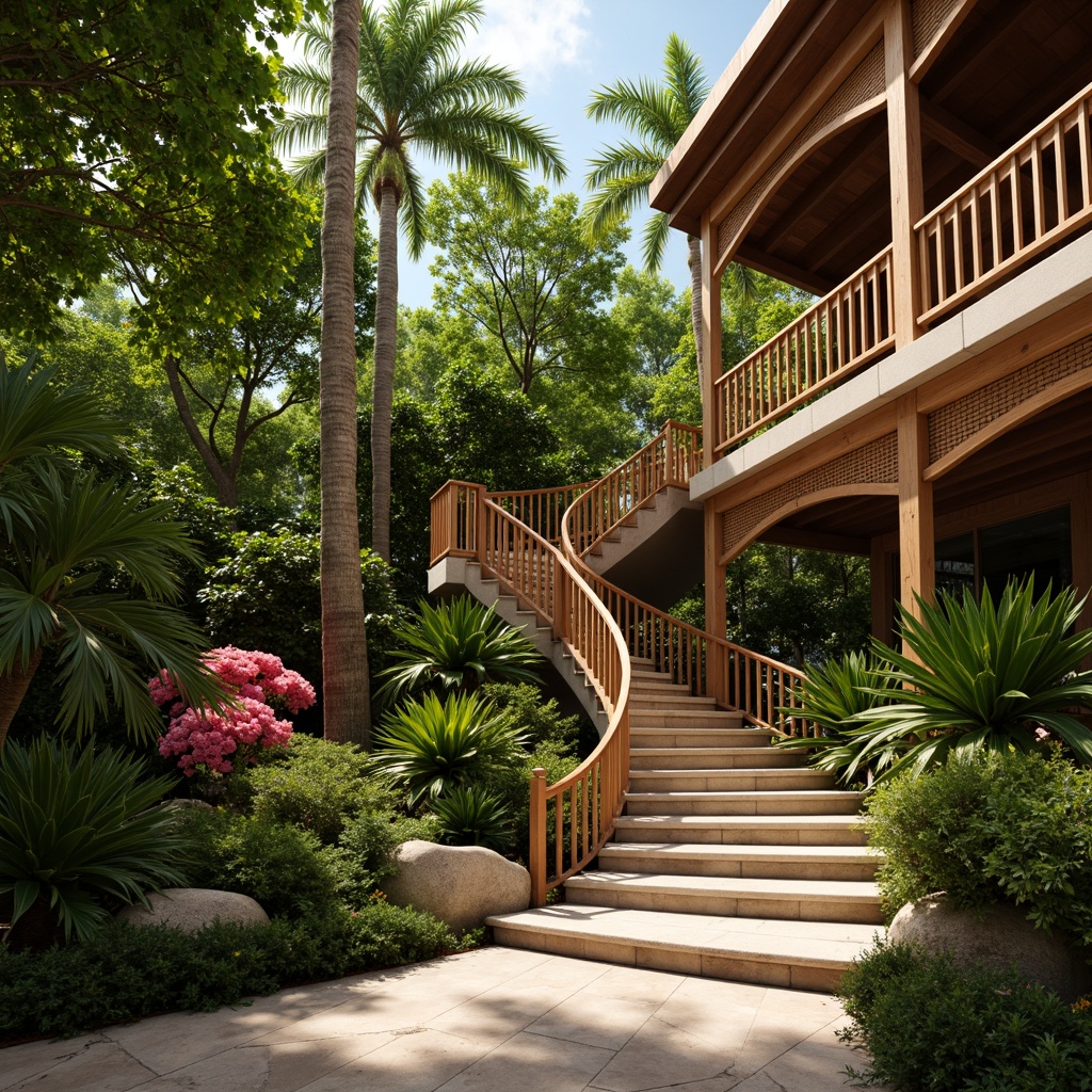 Prompt: Tropical staircase, ornate balustrades, wooden handrails, spiral design, lush greenery, exotic flowers, natural stone steps, carved wooden banisters, elegant curves, warm sunny lighting, shallow depth of field, 3/4 composition, realistic textures, ambient occlusion.