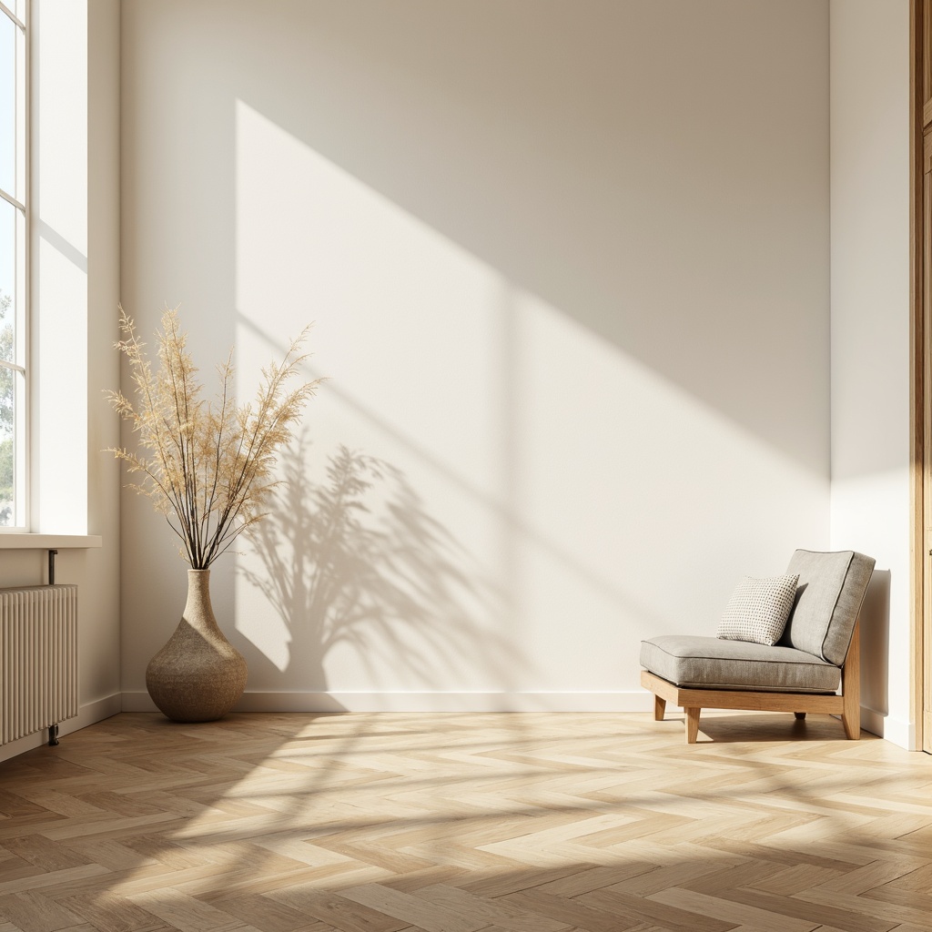 Prompt: Light wood tones, oak flooring, herringbone pattern, minimalist design, Nordic aesthetic, bright natural light, airy atmosphere, sparse furniture arrangement, creamy white walls, subtle texture contrast, matte finish, soft warm glow, shallow depth of field, 1/1 composition, realistic wood grain textures, ambient occlusion.