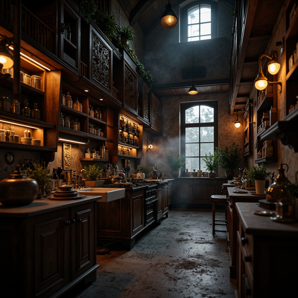 Prompt: Dark wooden cabinetry, ornate metal fixtures, mystical lanterns, dim warm lighting, soft shadows, eerie ambiance, mysterious atmosphere, intricate stone carvings, grandiose vaulted ceilings, rich velvet drapes, antique furniture pieces, distressed wood textures, vintage kitchenware, subtle mist effects, low-key backlighting, cinematic composition, atmospheric depth of field.