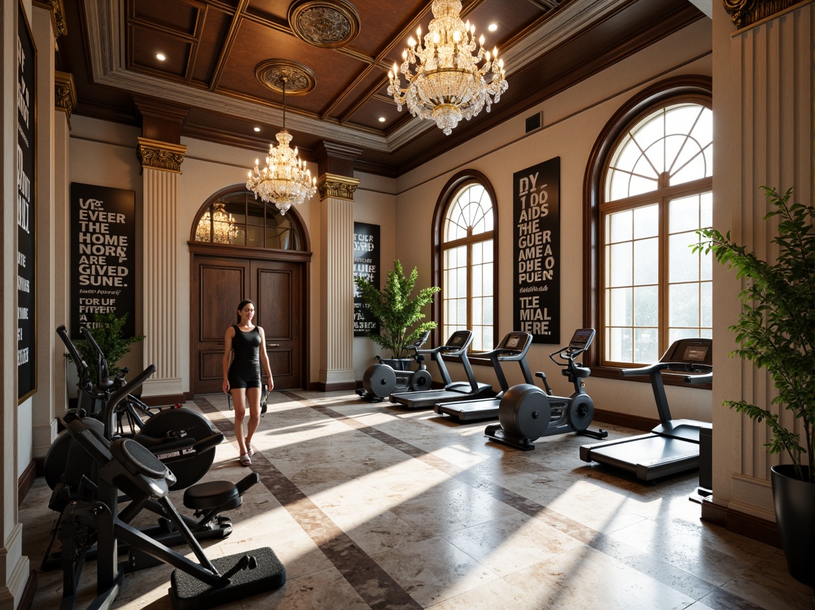 Prompt: Luxurious home gym, neoclassical architecture, ornate moldings, grand archways, marble floors, crystal chandeliers, rich wood paneling, elegant columns, vaulted ceilings, motivational quotes, fitness equipment, free weights, treadmills, exercise bikes, mirrored walls, natural light pouring in, soft warm glow, 1/1 composition, shallow depth of field, realistic textures, ambient occlusion.