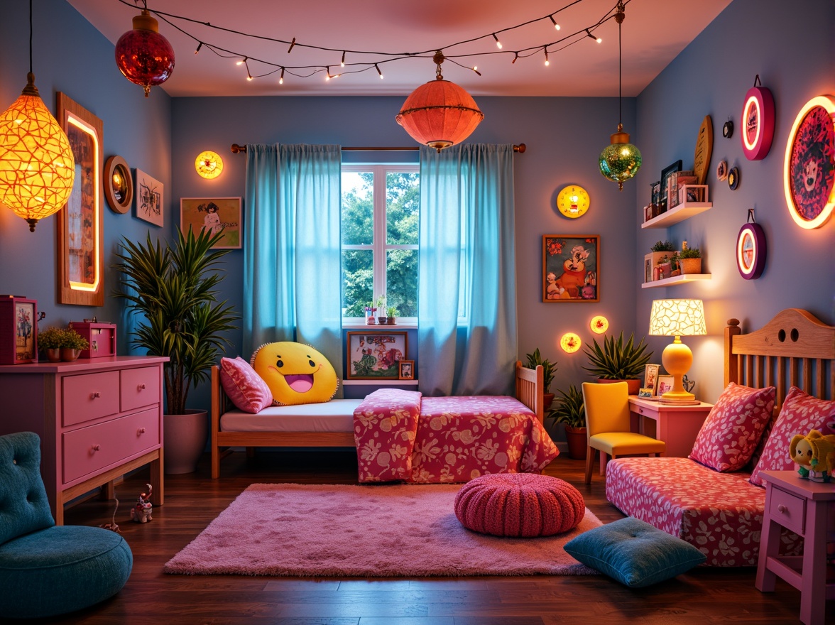 Prompt: Vibrant kids' room, bright color scheme, whimsical lighting fixtures, string lights, fairy lights, LED strips, neon signs, glowing accents, fun shapes, cartoon-inspired designs, playful textures, cozy reading nooks, soft warm glow, layered lighting effects, 3-point lighting setup, highlight on decorative walls, ambient illumination, modern ceiling fixtures, spherical pendant lamps, colorful glass shades, patterned lampshades, energetic atmosphere, lively color palette.