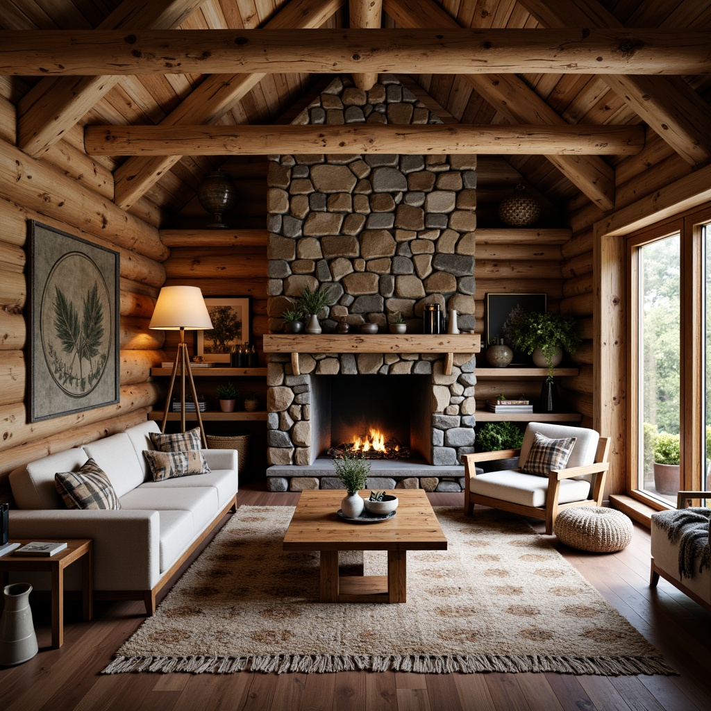 Prompt: Rustic wooden cabin, earthy tones, natural stone walls, reclaimed wood accents, vintage metal decor, distressed finishes, cozy fireplace, plush furnishings, woven textiles, nature-inspired patterns, warm soft lighting, shallow depth of field, 1/1 composition, realistic textures, ambient occlusion.