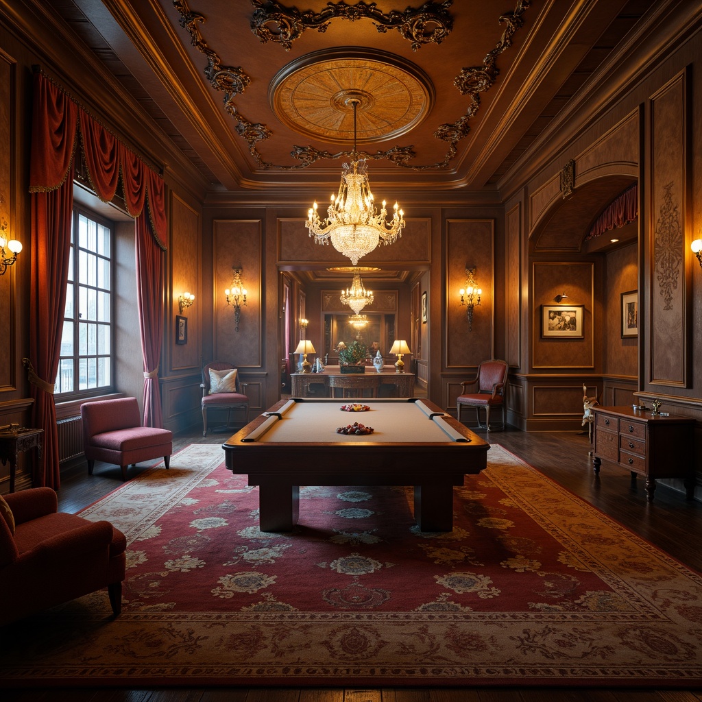 Prompt: Elegant game room, rich wood paneling, ornate moldings, luxurious fabrics, refined furniture, crystal chandeliers, soft warm glow, golden lighting accents, subtle ambient shadows, realistic textures, atmospheric fog, mysterious warm colors, high contrast ratio, cinematic composition, dramatic spotlighting, Renaissance-inspired architectural details, intricate ceiling designs, grandiose scale, opulent materials, sophisticated color palette.