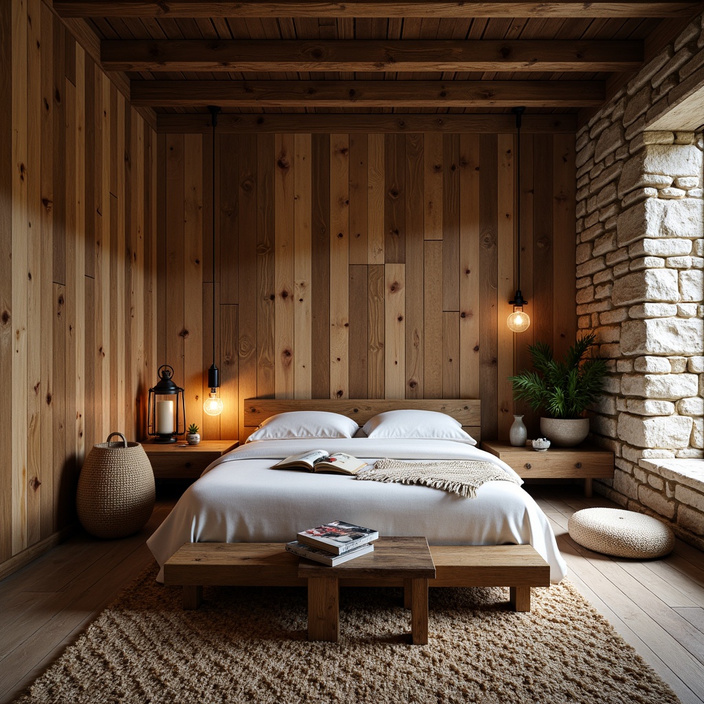 Prompt: Rustic bedroom, reclaimed wood walls, distressed wooden planks, earthy tone colors, natural stone accents, rough-hewn wooden beams, vintage metal lanterns, woven textile rugs, plush area rugs, cozy reading nook, soft warm lighting, shallow depth of field, 3/4 composition, intimate atmosphere, warm color palette, tactile textures, organic forms.