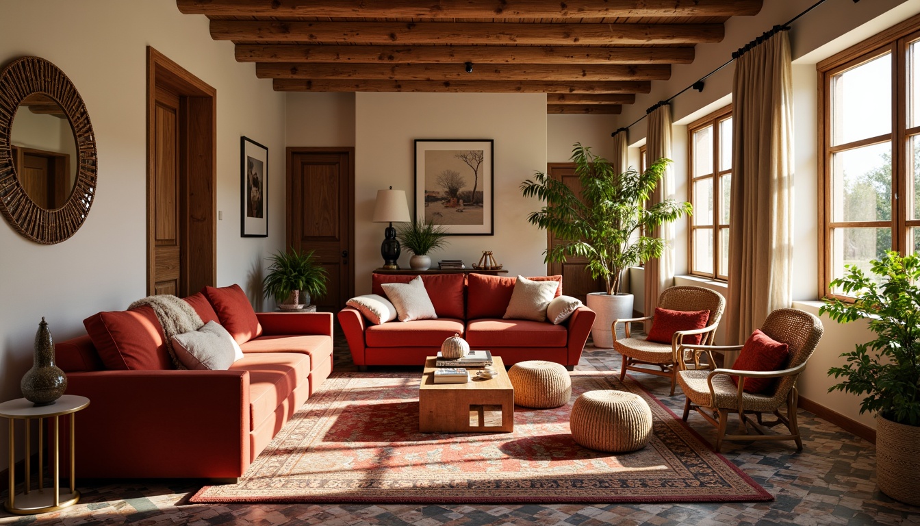 Prompt: Cozy living room, plush velvet sofas, soft cashmere throw blankets, woven wicker armchairs, vibrant colorful ottomans, intricate geometric patterns, Moroccan-inspired tiles, warm beige walls, natural wood flooring, floor-to-ceiling windows, sheer silk curtains, ambient warm lighting, 1/2 composition, shallow depth of field, realistic textures.