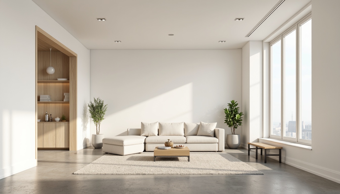 Prompt: Minimalist interior, monochromatic color scheme, soft whites, creamy beiges, pale grays, matte finishes, sleek lines, simple shapes, empty space, natural light, subtle textures, minimal decor, functional furniture, industrial materials, concrete floors, metal accents, modern typography, clean composition, shallow depth of field, 1/1 ratio, softbox lighting.