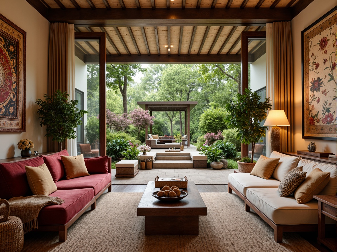 Prompt: Cozy living room, plush throw pillows, soft velvet sofas, Moroccan-inspired tapestries, woven baskets, natural fiber rugs, warm beige walls, elegant wooden furniture, subtle ambient lighting, comfortable reading nooks, floor-to-ceiling windows, serene outdoor views, lush greenery, vibrant floral patterns, rustic wooden accents, inviting color palette, 1/2 composition, soft focus, realistic textures.