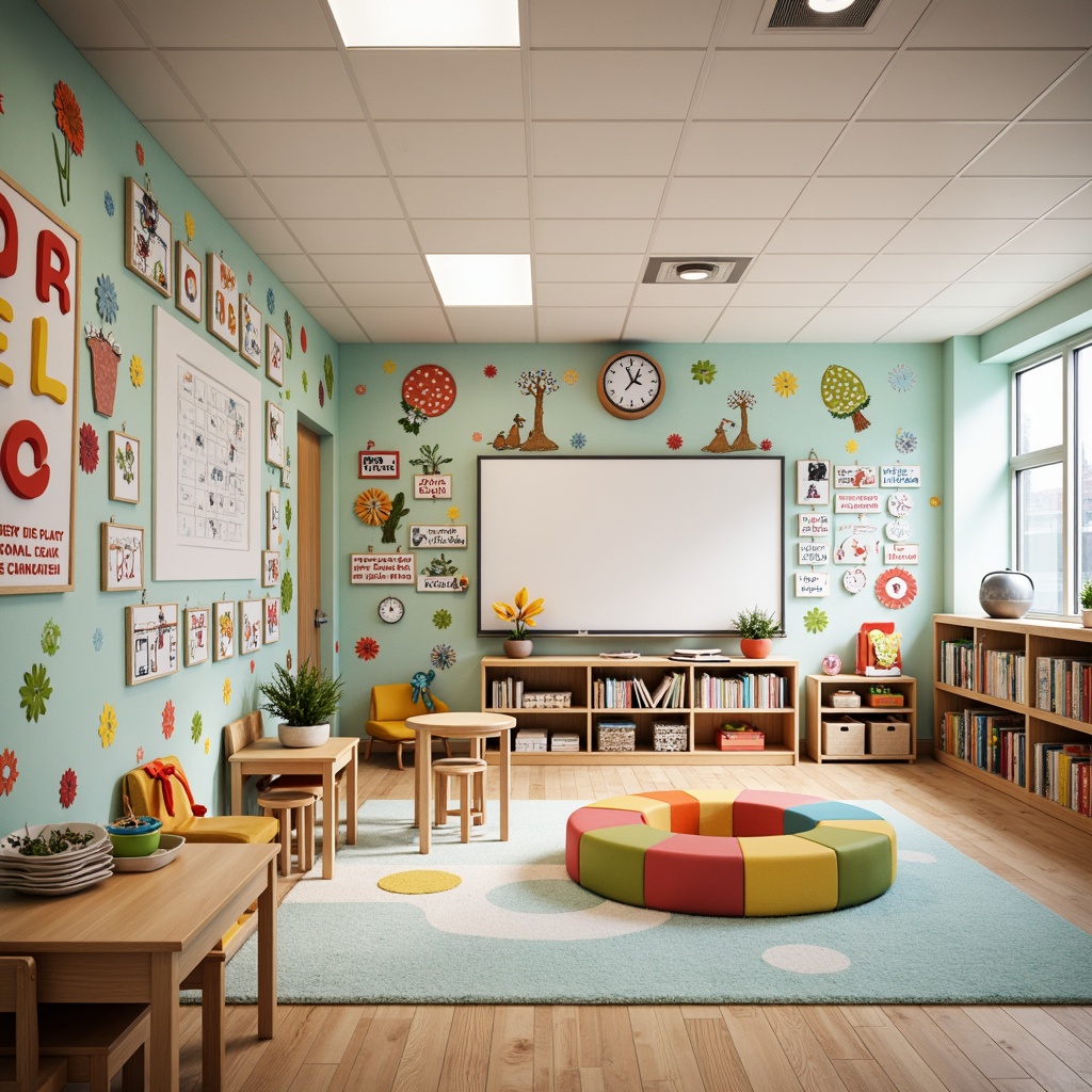 Prompt: Vibrant kindergarten classroom, whimsical wall murals, playful alphabet letters, colorful polka dots, cheerful balloons, friendly cartoon characters, educational diagrams, interactive whiteboards, soft pastel hues, textured wallpaper, 3D geometric shapes, creative art displays, inspirational quotes, natural wood accents, cozy reading nooks, warm soft lighting, shallow depth of field, 1/1 composition, realistic textures, ambient occlusion.