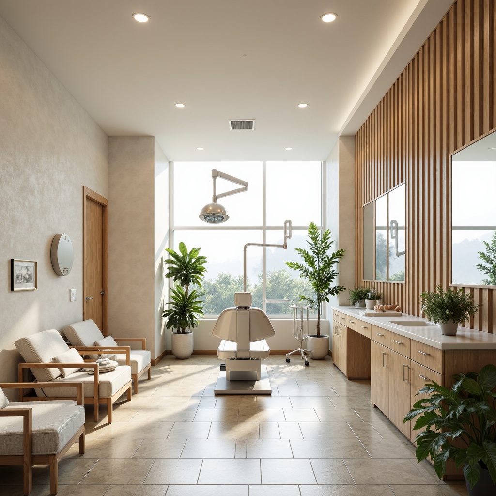 Prompt: Calming dental clinic atmosphere, soft pastel colors, gentle whites, creamy beiges, warm wood accents, soothing blue tones, calming greenery, natural stone flooring, minimal modern furniture, sleek metal equipment, sterile glass surfaces, bright overhead lighting, soft warm illumination, shallow depth of field, 1/1 composition, realistic textures, ambient occlusion.