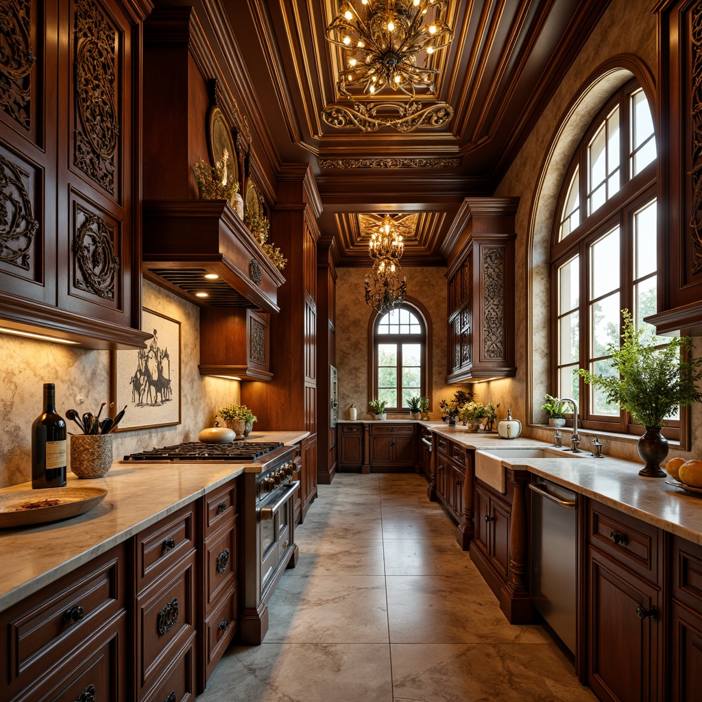 Prompt: Renaissance-style kitchen, ornate cabinetry, intricately carved wooden panels, gilded accents, rich brown wood tones, decorative cornices, aristocratic flair, opulent chandeliers, marble countertops, ornamental metal hardware, grandiose ceiling designs, warm golden lighting, soft focus, shallow depth of field, 1/1 composition, realistic textures, ambient occlusion.