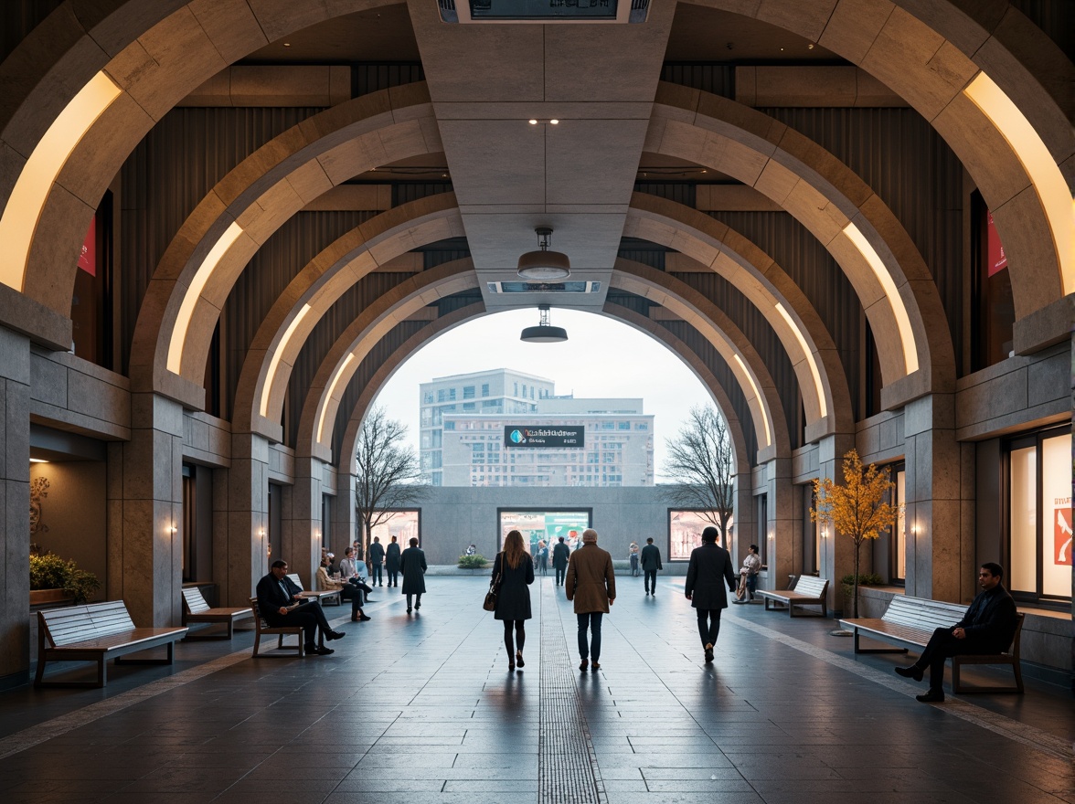 Prompt: \Academic-inspired metro station, grand arches, elegant columns, sophisticated tile work, neutral color palette, subtle texture variations, modern LED lighting, futuristic digital displays, minimalist benches, sleek metal railings, geometric patterned flooring, atmospheric ambient soundscapes, shallow depth of field, 1/2 composition, realistic reflections, soft warm illumination, urban cityscape views, morning rush hour atmosphere.\