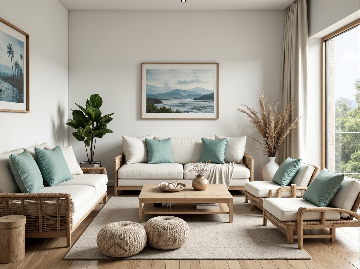 Prompt: Softer whites, calming blues, gentle greens, warm sandy neutrals, driftwood grays, ocean-inspired aquas, coral pinks, sea salt textures, natural linen fabrics, woven rattan furniture, distressed wood accents, nautical rope details, soft diffused lighting, 1/1 composition, serene atmosphere, realistic reflections, ambient occlusion.