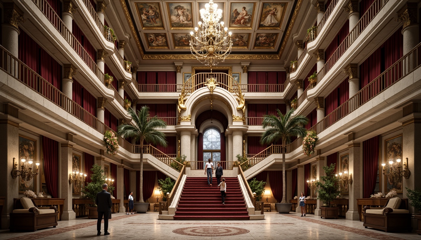 Prompt: Grandiose palace, intricately carved stone facades, ornate balconies, gilded accents, lavish chandeliers, majestic staircases, rich velvet drapes, ornamental frescoes, decorative cornices, opulent marble floors, intricate wooden paneling, regal throne rooms, stately columns, grand halls, dramatic lighting, 1/2 composition, soft focus, warm color palette.