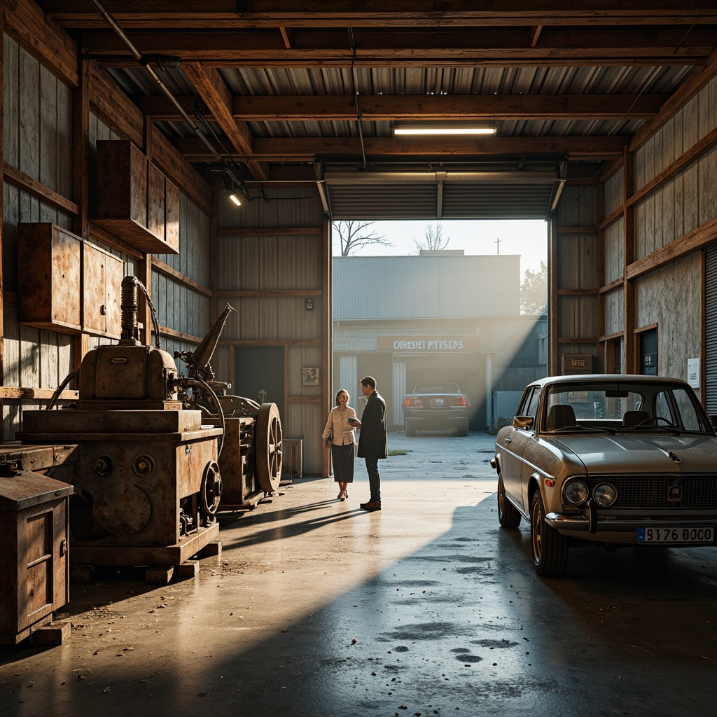 Prompt: Industrial-style garage, metal beams, concrete floors, rusty machinery, vintage cars, warm beige tones, deep blue accents, rich wood textures, earthy brown hues, soft overhead lighting, atmospheric misting, shallow depth of field, 1/1 composition, realistic metallic reflections, ambient occlusion.