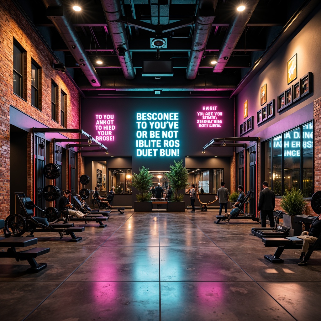 Prompt: Industrial-chic home gym, reclaimed wood accent walls, exposed brick finishes, metallic epoxy coatings, glossy concrete floors, motivational quotes, neon-colored fitness equipment, high-contrast color schemes, dramatic spot lighting, 1/1 composition, shallow depth of field, realistic textures, ambient occlusion.