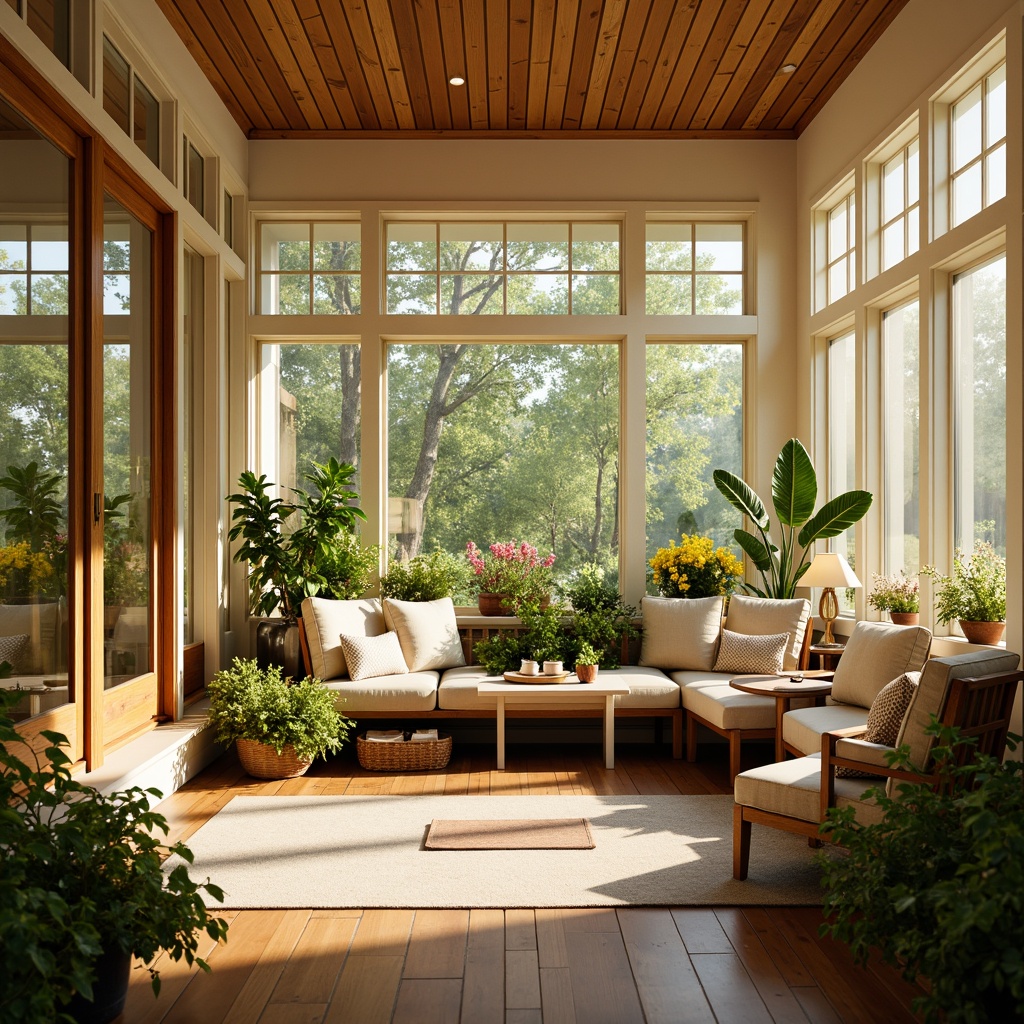 Prompt: Vibrant sunroom, bright natural light, warm beige walls, creamy white trim, rich wood tones, lush greenery, blooming flowers, comfortable seating areas, plush throw pillows, soft warm lighting, large windows, sliding glass doors, serene outdoor views, calming ambiance, refreshing atmosphere, 3/4 composition, shallow depth of field, realistic textures, ambient occlusion.