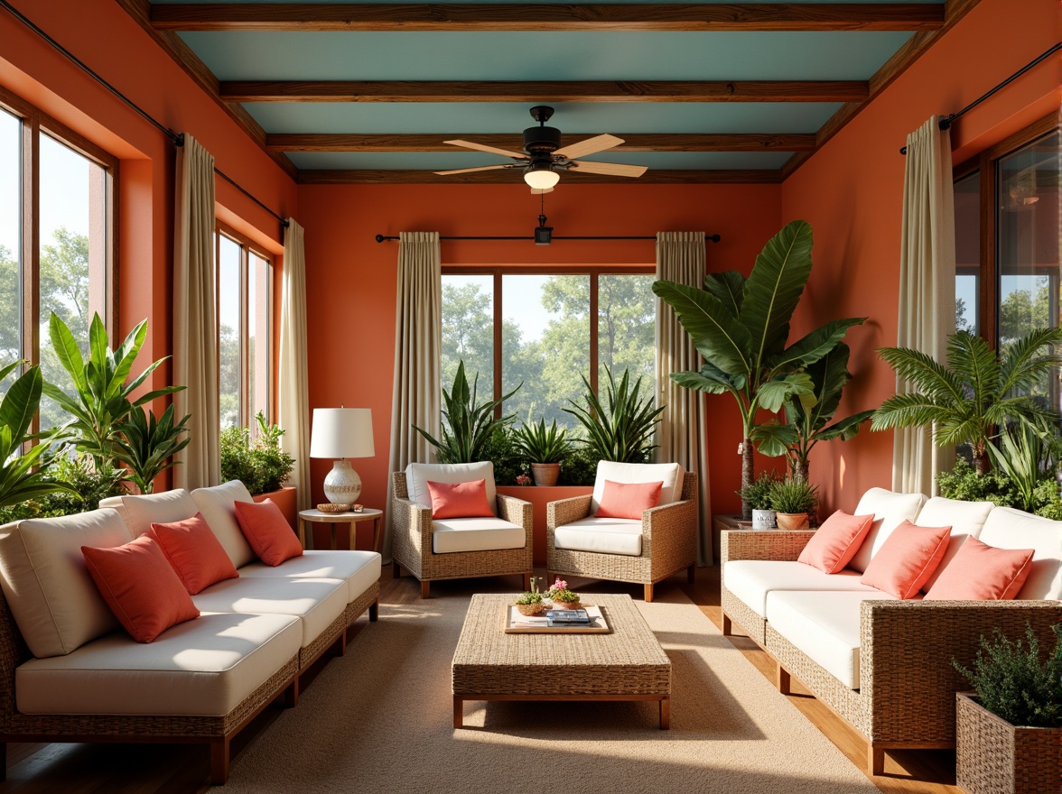 Prompt: Vibrant sunroom, warm natural light, earthy tones, terracotta walls, cream-colored furniture, lush greenery, tropical plants, bright coral accents, sky blue ceilings, natural wood textures, woven wicker chairs, rattan coffee tables, soft beige curtains, ambient warm lighting, cozy reading nooks, intimate seating areas, 1/2 composition, relaxed atmosphere, realistic shadows.