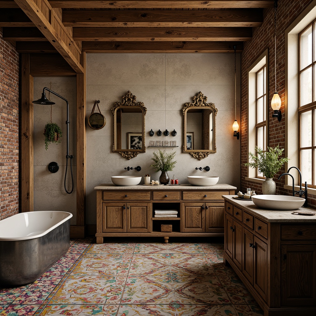 Prompt: Eclectic bathroom, vintage fixtures, distressed wood cabinets, ornate metal sinks, colorful glass tiles, patterned ceramic floors, freestanding tubs, rainfall showerheads, industrial-style lighting, exposed brick walls, natural stone countertops, reclaimed wood accents, bold color schemes, unique decorative accessories, antique-inspired mirrors, textured wallpaper, warm cozy ambiance, soft warm lighting, shallow depth of field, 1/1 composition, realistic textures, ambient occlusion.