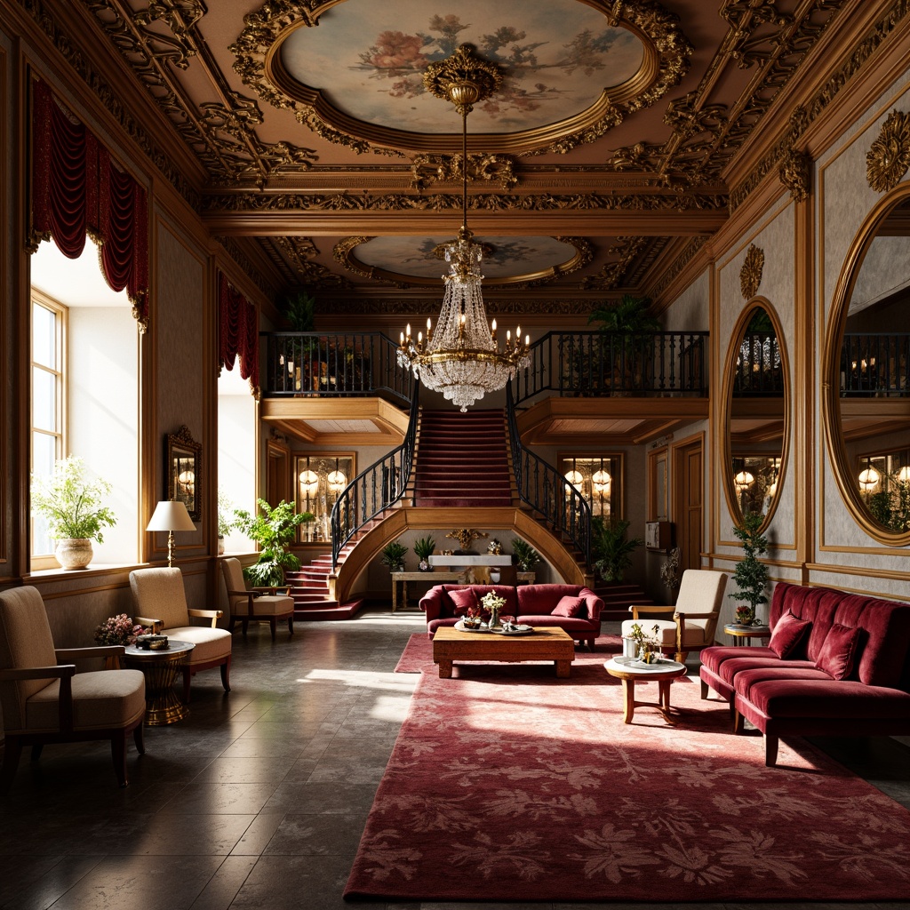 Prompt: Opulent loft interior, lavish furnishings, intricately carved wooden accents, gilded mirrors, ornate plasterwork, soft warm lighting, rich velvet fabrics, delicate lace patterns, antique furniture pieces, curvaceous lines, scalloped edges, golden leaf motifs, crystal chandeliers, marble countertops, lavish drapery, sweeping archways, grandiose staircase, elegant ceiling frescoes, whimsical decorative elements, luxurious textures, realistic renderings, atmospheric lighting effects.