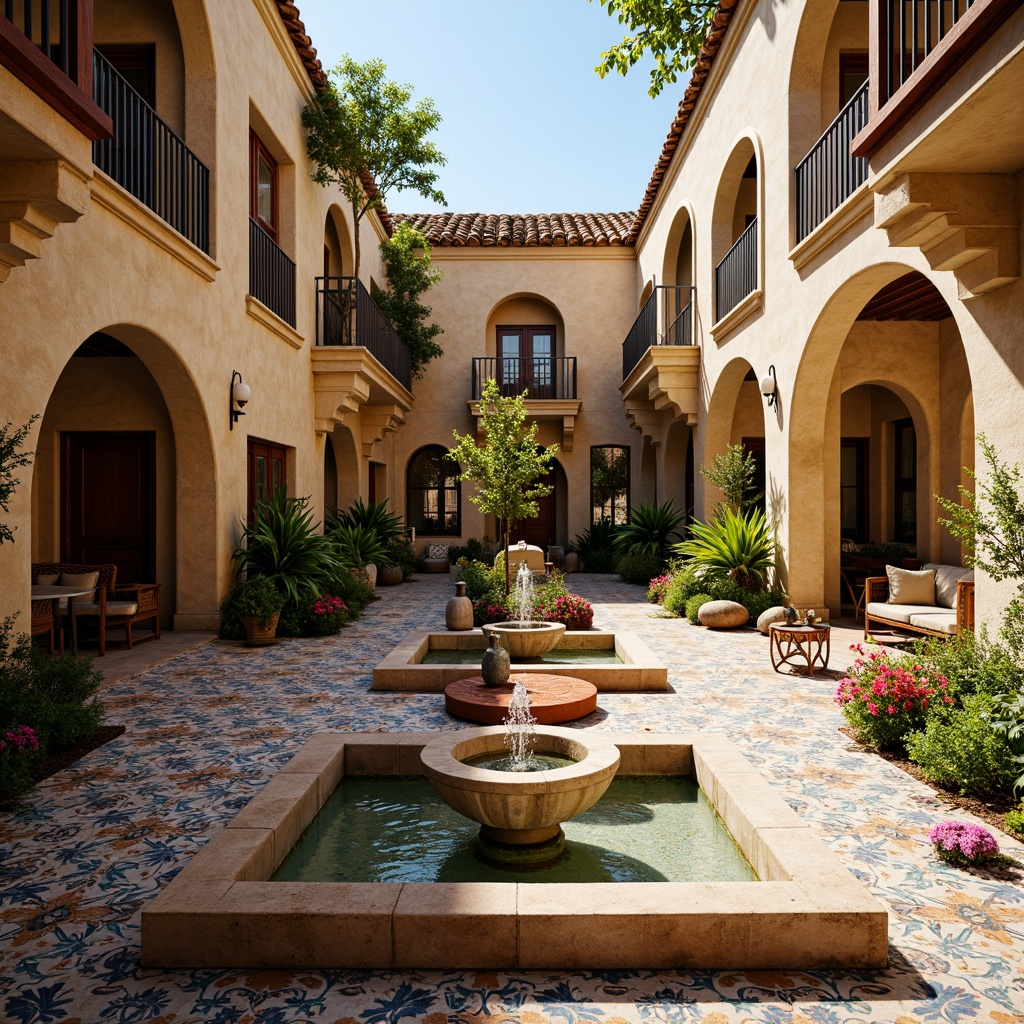 Prompt: Vibrant Mediterranean courtyard, intricately patterned tiles, ornate fountains, lush greenery, colorful ceramics, rustic wooden accents, plush velvet fabrics, embroidered linen textiles, natural stone walls, curved archways, wrought iron balconies, warm sunny day, soft golden lighting, shallow depth of field, 1/2 composition, realistic renderings, ambient occlusion.