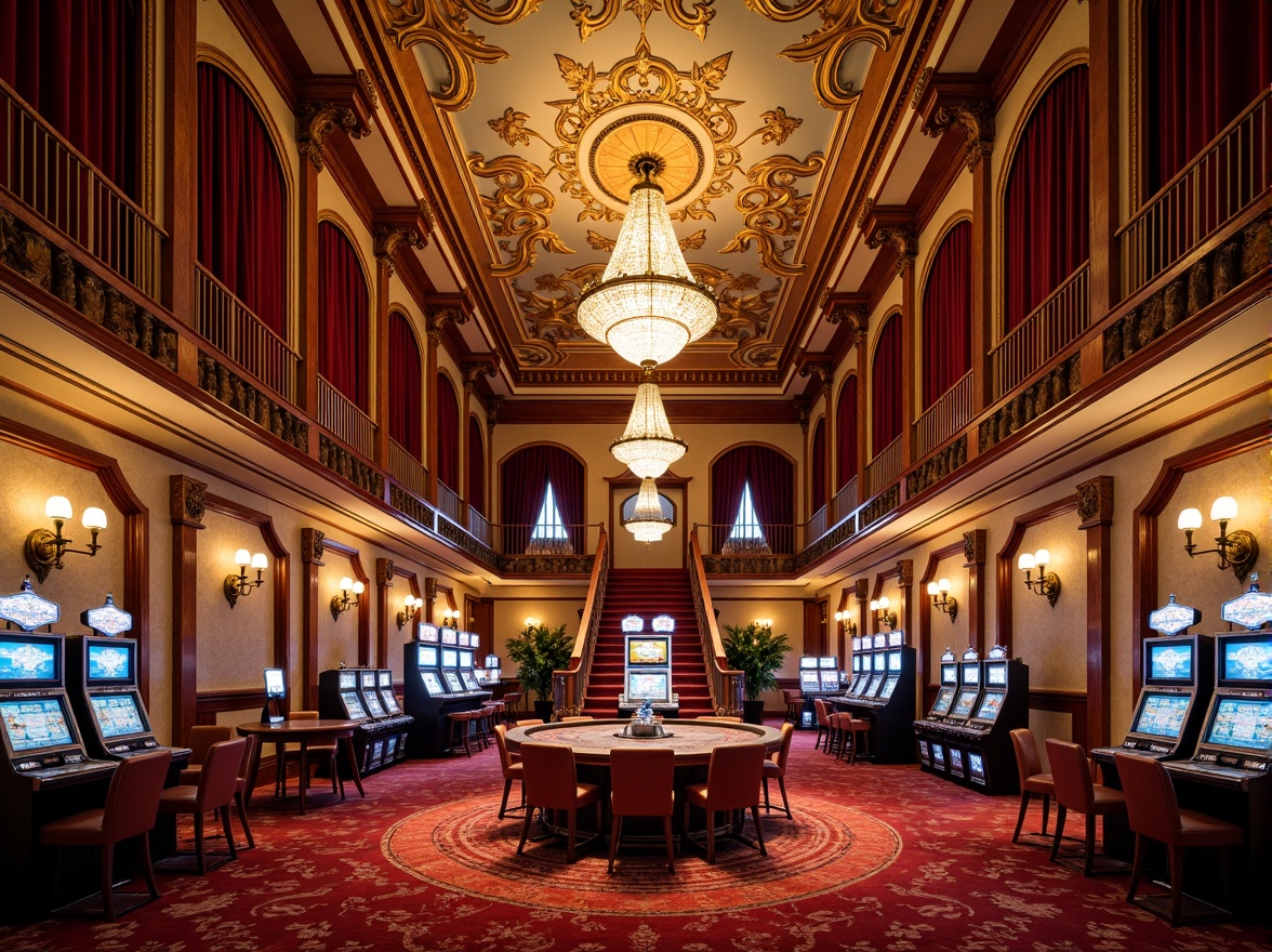 Prompt: Luxurious casino interior, ornate chandeliers, rich velvet drapes, gilded moldings, intricate fresco ceilings, warm golden lighting, plush red carpeting, antique furnishings, vintage slot machines, rustic wooden accents, lavish foyers, grand staircases, opulent crystal fixtures, regal ambiance, majestic archways, sophisticated color palette, 3/4 composition, shallow depth of field, soft focus, realistic textures.