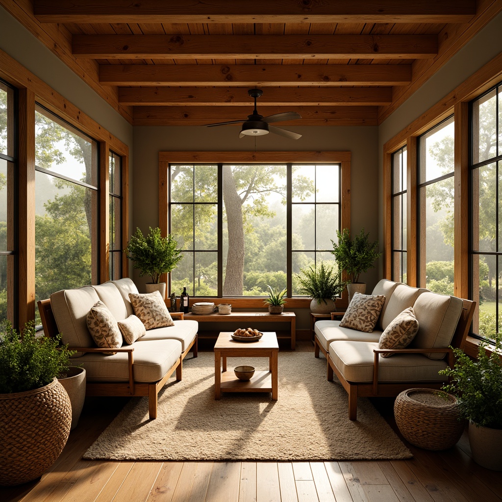 Prompt: Cozy sunroom, natural wood accents, warm wooden beams, earthy color palette, comfortable seating, plush cushions, woven baskets, potted plants, rustic wooden furniture, craftsman-style decor, large windows, abundant natural light, soft warm glow, shallow depth of field, 3/4 composition, panoramic view, realistic textures, ambient occlusion.