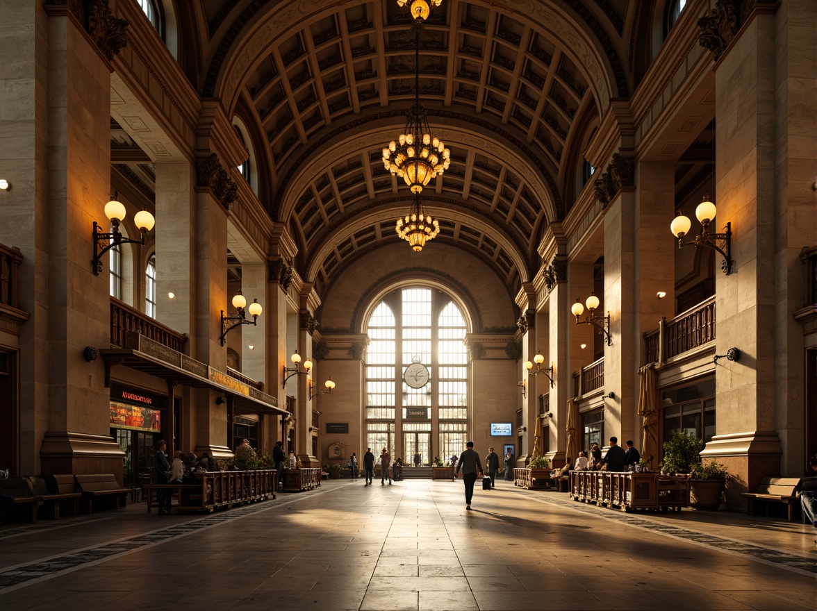 Prompt: Grandiose train station, imposing columns, ornate capitals, majestic arches, symmetrical facade, rusticated base, neoclassical details, intricate moldings, elegant chandeliers, spacious high ceilings, polished marble floors, luxurious waiting areas, vintage luggage carts, nostalgic signage, warm golden lighting, dramatic shadows, 1/2 composition, low-angle shot, atmospheric perspective.