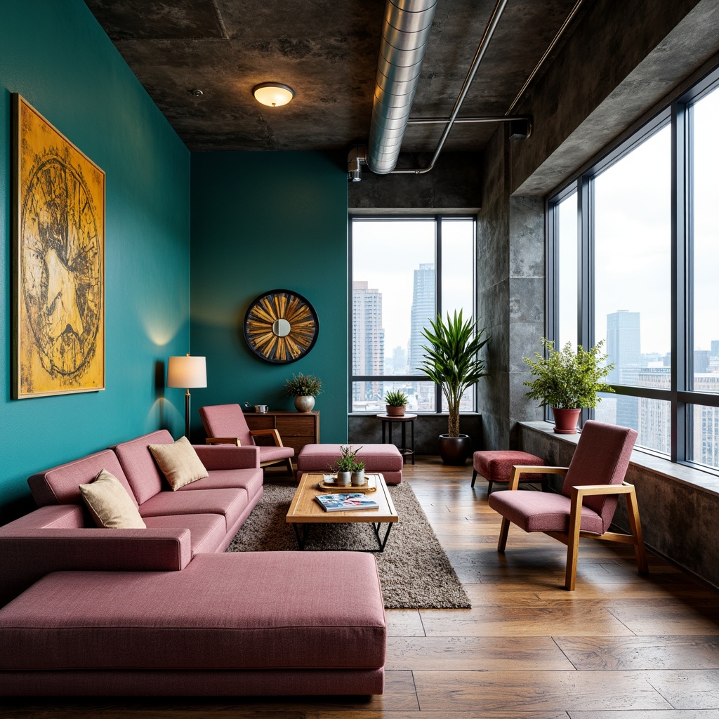 Prompt: Vibrant penthouse, eclectic style, bold color palette, rich turquoise walls, warm golden accents, deep plum furnishings, soft blush pink textures, metallic silver fixtures, natural wood floors, industrial chic decor, urban cityscape views, floor-to-ceiling windows, minimalist lighting, 1/1 composition, dramatic shadows, high contrast ratios, realistic materials, ambient occlusion.