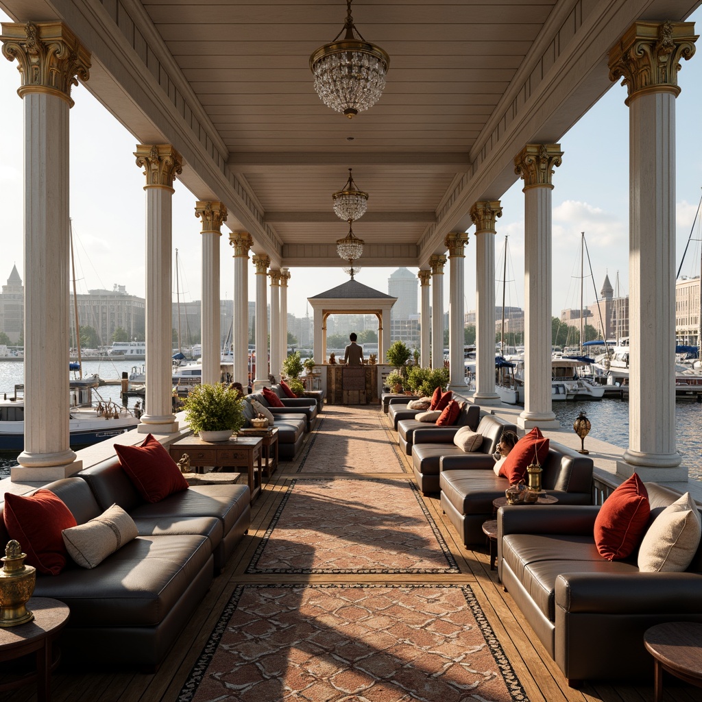 Prompt: Luxurious boathouse, neoclassical facade, white columns, ornate balconies, wooden docks, sailboats, nautical ropes, vintage anchors, distressed wood accents, rich leather upholstery, plush velvet pillows, antique bronze fixtures, crystal chandeliers, soft warm lighting, shallow depth of field, 1/1 composition, realistic textures, ambient occlusion.