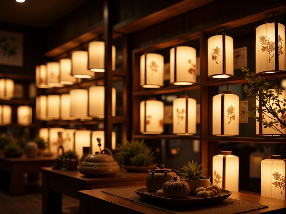 Prompt: Traditional Japanese lanterns, paper lanterns, warm soft lighting, natural materials, wood accents, bamboo details, rice paper shades, silk fabrics, intricate carvings, hand-painted designs, elegant simplicity, minimalist decor, subtle textures, ambient illumination, cozy atmosphere, serene ambiance, 1/1 composition, shallow depth of field, realistic renderings.