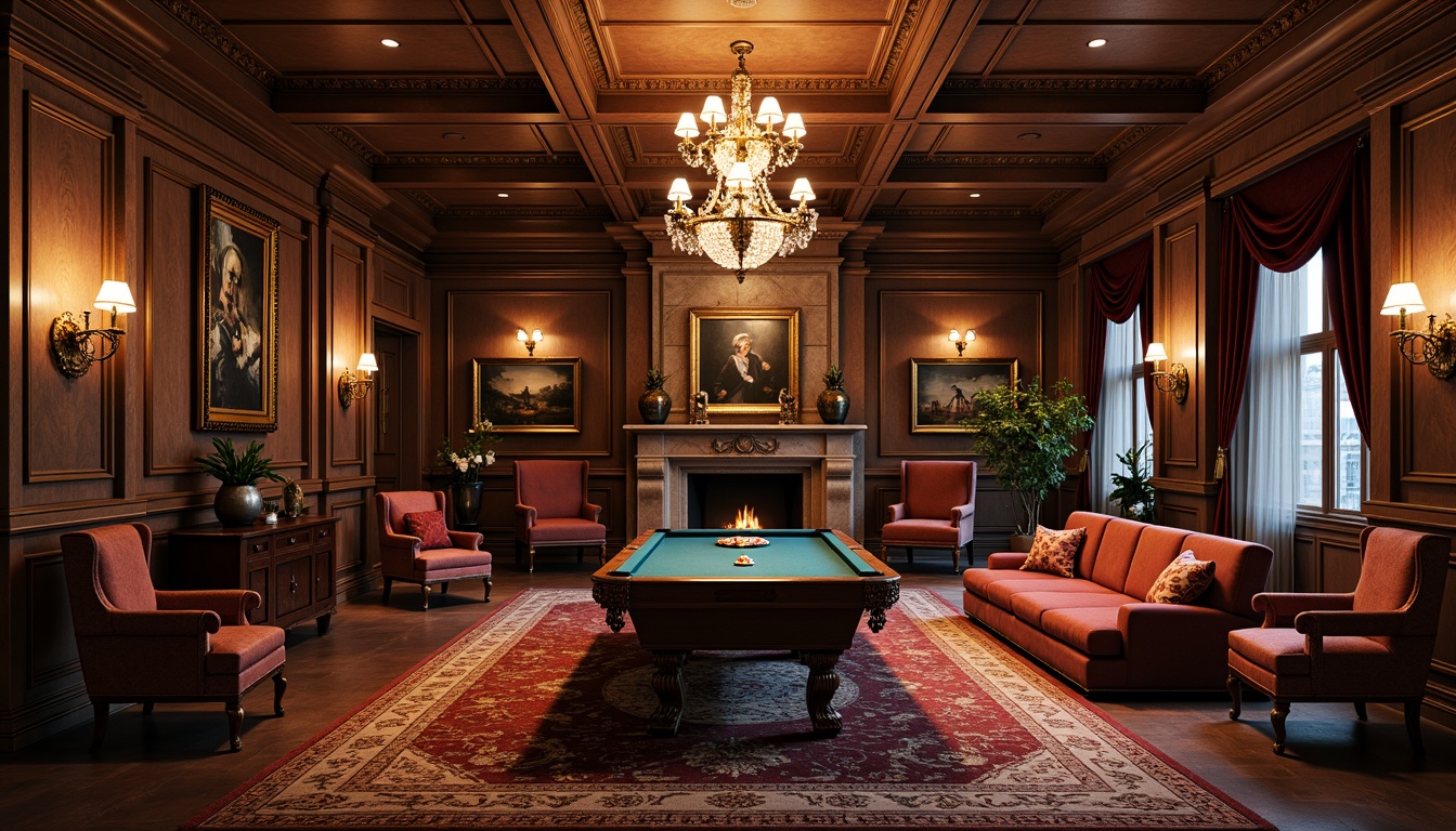 Prompt: Luxurious game room, ornate neoclassical furniture, intricately carved wooden panels, rich velvet upholstery, golden accents, crystal chandeliers, lavish drapes, regal color palette, opulent textiles, stately columns, grandiose archways, imposing stone fireplaces, atmospheric warm lighting, dramatic shadows, 1/2 composition, cinematic camera angles, ornate picture frames, vintage artifacts, antique vases, refined decorative patterns.