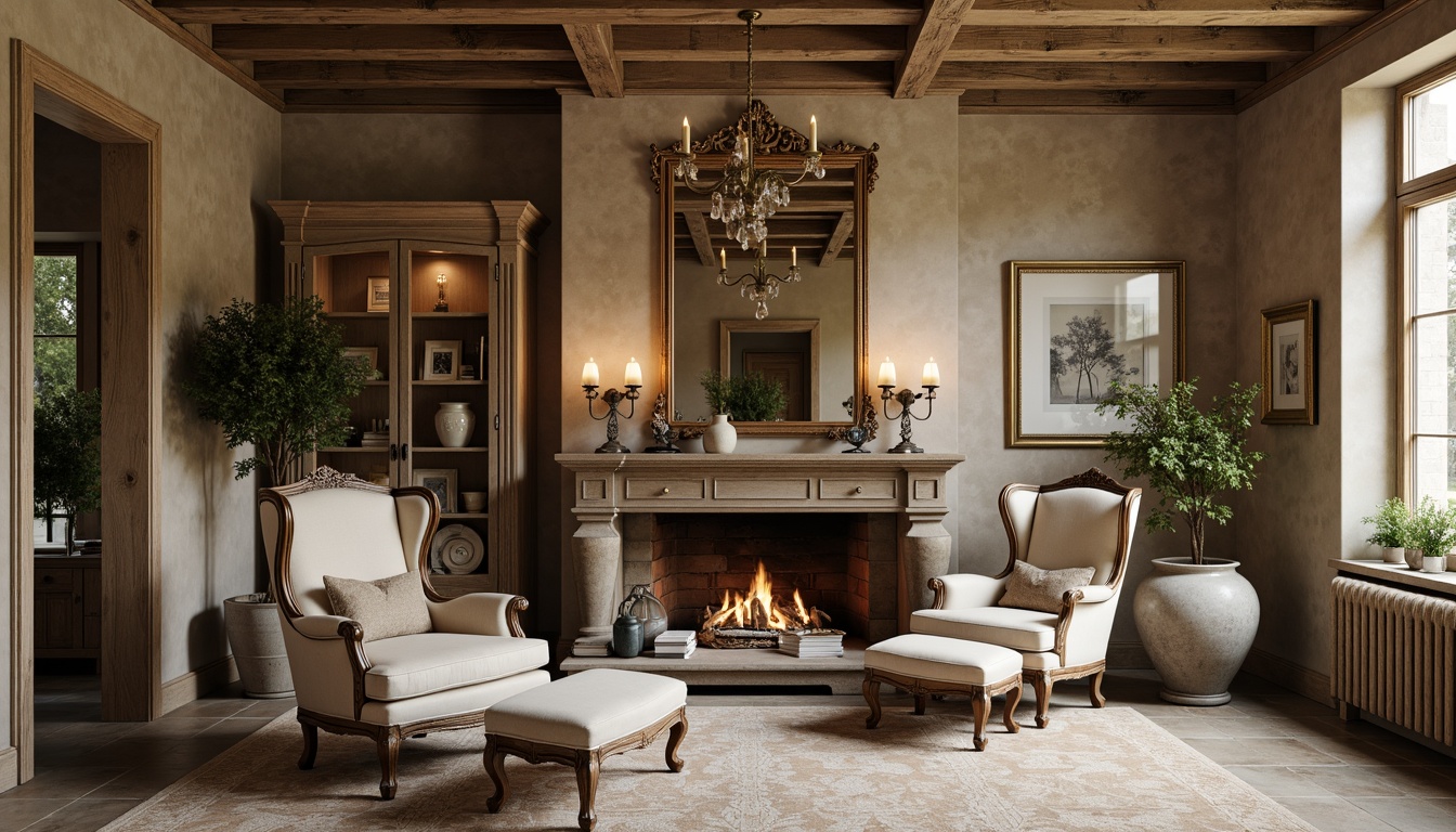 Prompt: Rustic farmhouse, distressed wood tones, vintage metal accents, plush velvet upholstery, soft linen fabrics, natural stone floors, ornate wooden carvings, elegant curved legs, cabriole chair, berg\u00e8re armchair, tufted ottoman, Louis XVI console table, distressed finish, warm beige colors, soft candlelight, romantic ambiance, elegant chandelier, subtle wood grain textures, realistic wear and tear effects.