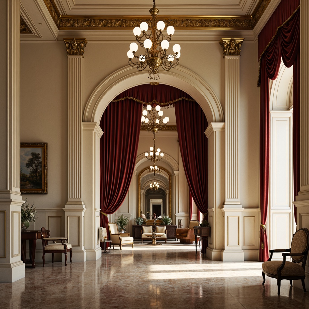 Prompt: Elegant home gym, Neoclassicism-inspired walls, cream-colored stucco finishes, ornate gold accents, decorative pilasters, classic columns, grand archways, rich wood paneling, luxurious velvet drapes, soft warm lighting, dramatic shadows, high ceilings, marble flooring, lavish chandeliers, antique furniture pieces, ornate mirrors, subtle texture overlays, realistic reflections, 1/2 composition, shallow depth of field, cinematic ambiance.