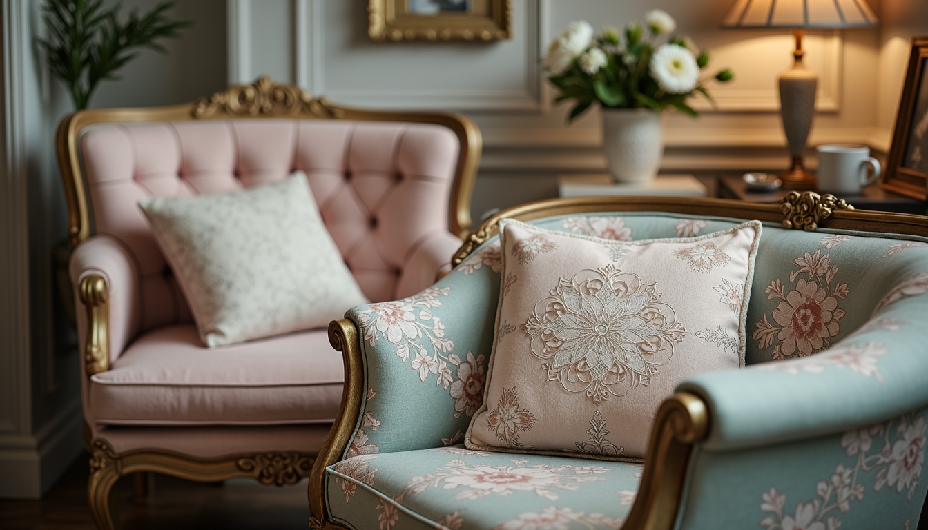 Prompt: Distressed vintage furniture, soft pastel hues, ornate carvings, plush velvet upholstery, antique hardware, rustic wooden accents, elegant lace details, feminine florals, muted color palette, natural textures, cozy ambiance, warm soft lighting, shallow depth of field, 1/1 composition, intimate close-up shot, realistic rendering, ambient occlusion.