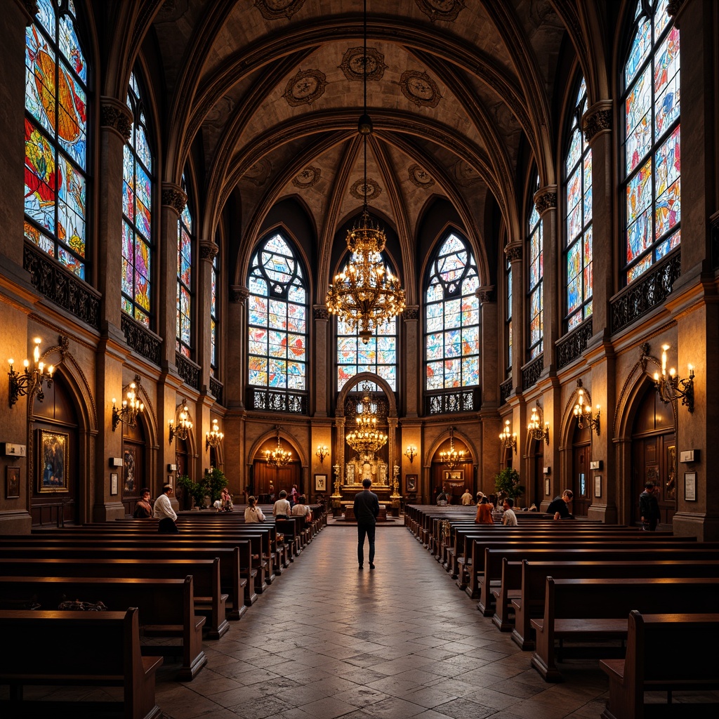 Prompt: Intricate stained glass windows, vibrant colors, ornate stone carvings, grandiose chandeliers, majestic arches, ribbed vaults, pointed ceilings, lavish furnishings, rich tapestries, elaborate wooden paneling, mystical ambiance, soft warm lighting, dramatic shadows, cinematic composition, high contrast ratio, realistic textures, ambient occlusion.