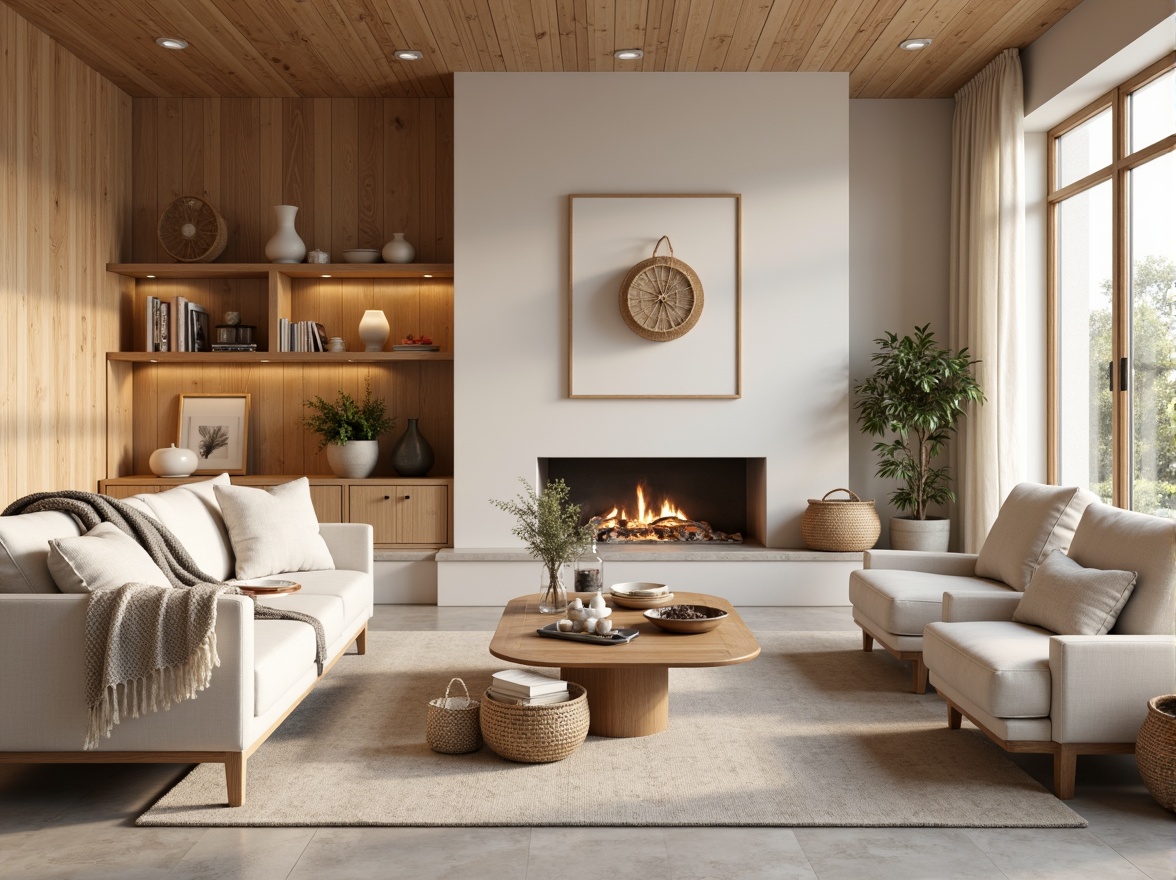 Prompt: Cozy Nordic living room, warm wooden accents, soft pastel colors, minimalist decor, natural textiles, woven baskets, candlelight ambiance, warm beige walls, light gray floors, modern Scandinavian furniture, sleek lines, functional design, plenty of negative space, airy atmosphere, diffused softbox lighting, subtle shadows, 1/1 composition, shallow depth of field, realistic wood textures, ambient occlusion.