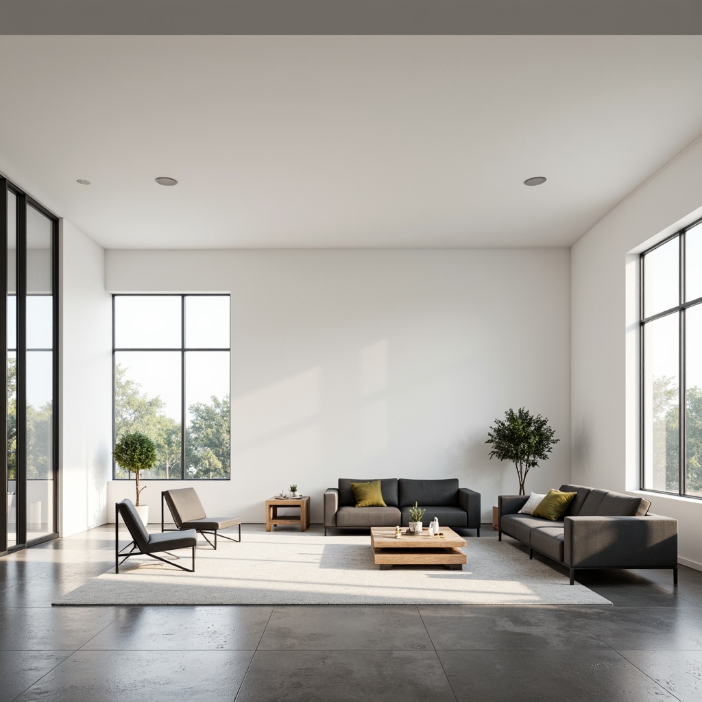 Prompt: Sleek minimalist centers, polished concrete floors, white walls, floor-to-ceiling windows, natural light, modern furniture pieces, low-profile sofas, geometric coffee tables, industrial metal chairs, wooden accents, subtle textures, monochromatic color schemes, ambient lighting, soft shadows, 1/1 composition, realistic renderings, detailed normal maps.